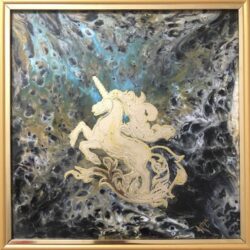 Original Framed Gold Leaf Unicorn Painting in abstract resin art