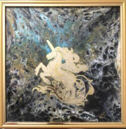 Original Framed Gold Leaf Unicorn Painting in abstract resin art