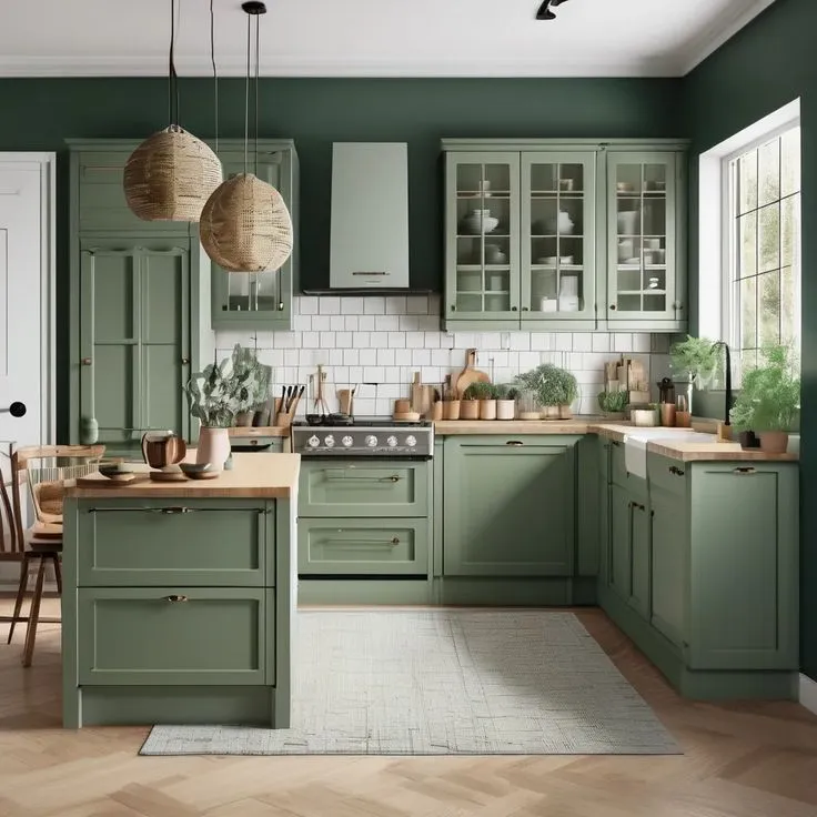 sage green and white kitchen cabined ideas