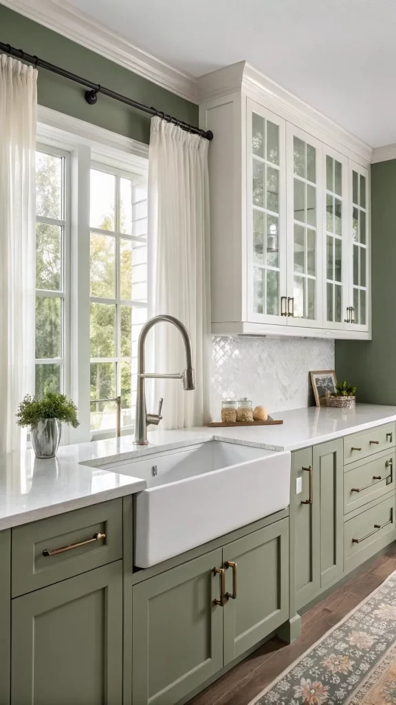 sage green lower cabinets with crisp white uppers
